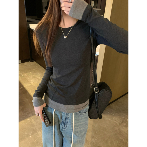 Actual shot of autumn and winter Korean style slim fit contrasting color round neck herringbone temperament slimming inner long-sleeved T-shirt top