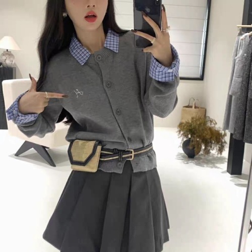 2024 new autumn Korean style fake two-piece plaid stitching letter embroidered sweater for women