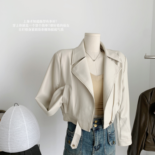 Fashionable lapel short pu leather jacket spring and autumn new high-end motorcycle street style leather jacket for small men