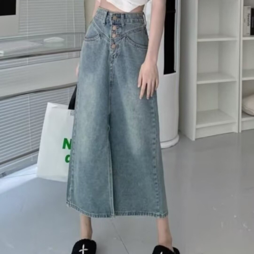 Autumn high-waisted loose slimming mid-length slit skirt with temperament and versatile retro denim skirt