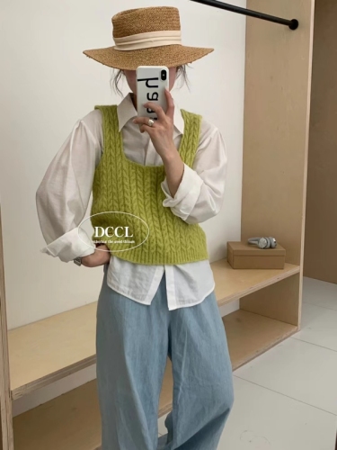 Sheep wool sweater vest for women 2024 Korean style loose outer layering solid color square collar knitted vest