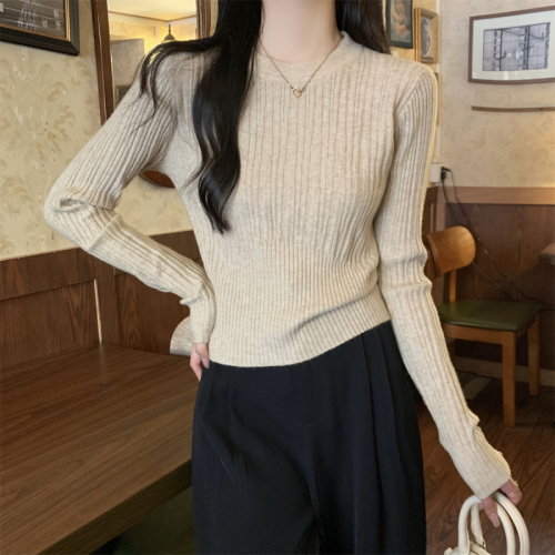 Autumn and winter Korean style slim round neck solid color unique design Andy velvet knitted bottoming sweater for women