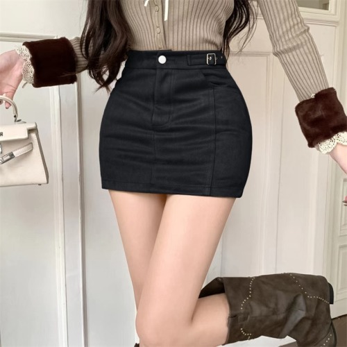 Actual shot of retro khaki suede high-waisted A-line high-end versatile hip-hugging short skirt