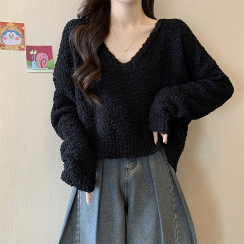 Actual shot of new design large V-neck knitted sweater top for women