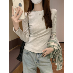 Photographed Korean-style minimalist chic regular shoulder pure cotton long-sleeved women's autumn innerwear waist-cinching slimming top