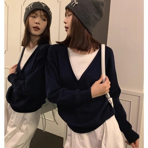 Song Zhengen's navy blue fake two-piece sweater for women early autumn new loose high-end lazy Korean sweater long-sleeved top