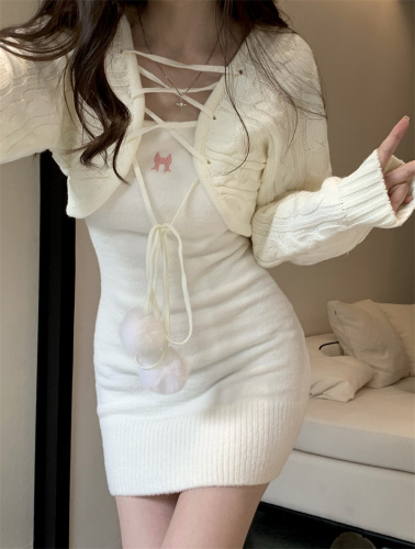 Real shot~Milk white fur ball knitted drawstring jacket cardigan embroidered bow suspender dress