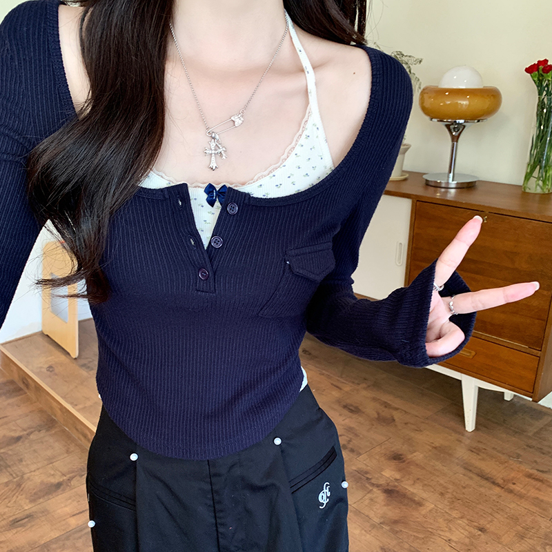 實拍#藍色系帶掛脖吊帶假兩件長袖t恤女春秋打底衫短款上衣