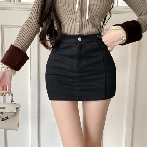 Actual shot of retro khaki suede high-waisted A-line high-end versatile hip-hugging short skirt