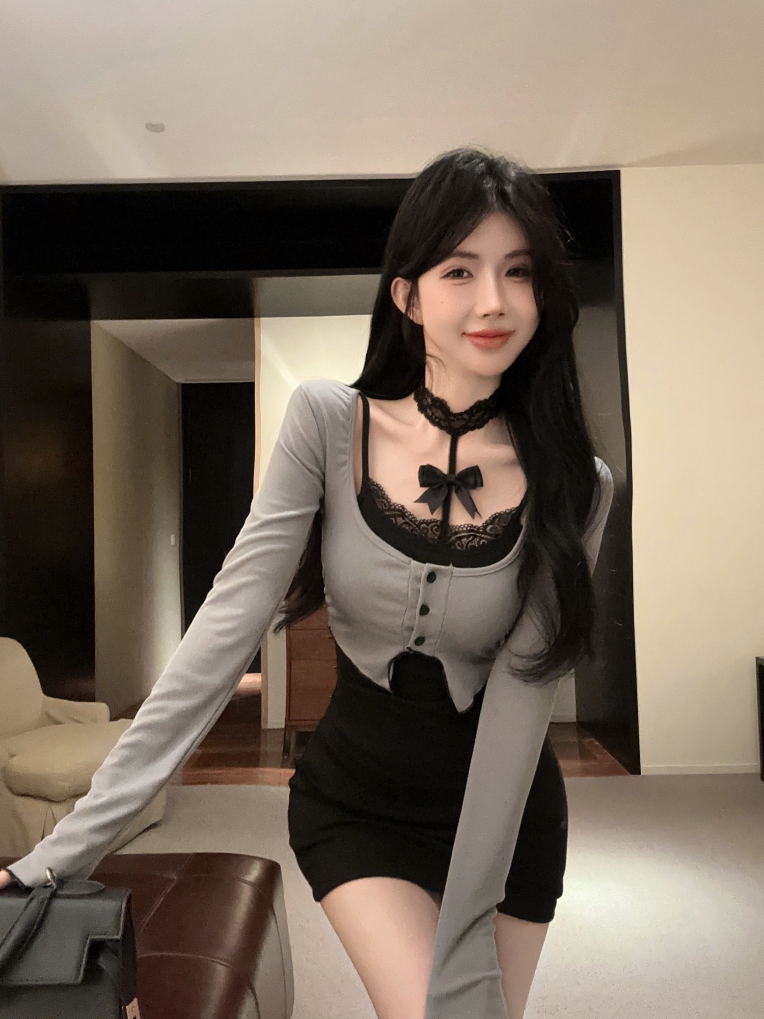 實拍~辣妹原創假兩件長袖鏤空蝴蝶結時尚連衣裙女