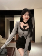 Original False Two-Piece Long-Sleeve Lace Butterfly Bow Fashion Dress for Women