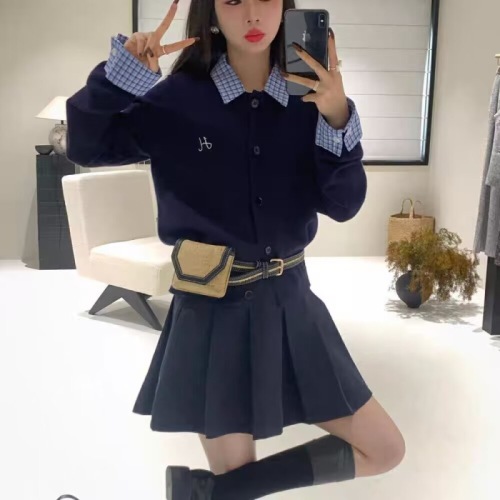 2024 new autumn Korean style fake two-piece plaid stitching letter embroidered sweater for women