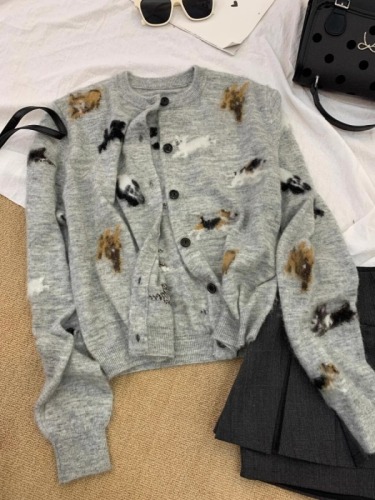 Grey Cute Dog Knitted Cardigan Sweater Women's Autumn and Winter Loose Lazy Style Soft and Fluffy Outerwear Short Jacket Top 