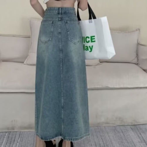 Autumn high-waisted loose slimming mid-length slit skirt with temperament and versatile retro denim skirt