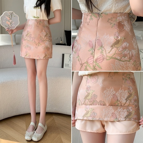 Real shot of new Chinese style national style jacquard half skirt for women 2024 new high waist slim pink A-line hip skirt