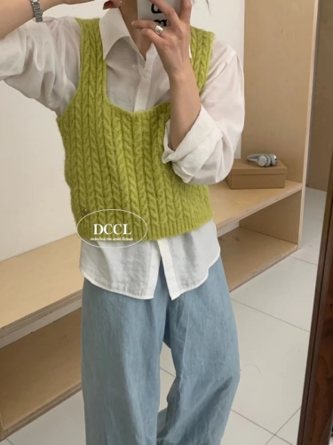 Sheep wool sweater vest for women 2024 Korean style loose outer layering solid color square collar knitted vest