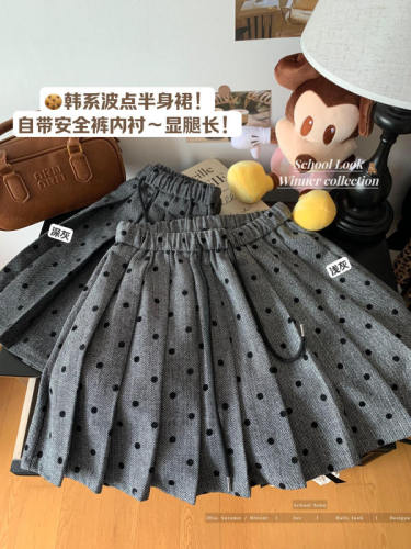 Real shot Elastic waist drawstring polka dot pleated skirt for women retro fashion slim versatile A-line skirt