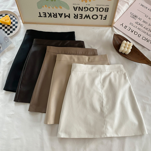 Real shot of leather skirt for women 2024 autumn anti-exposure pants skirt versatile skirt PU leather short skirt high waist a-line skirt