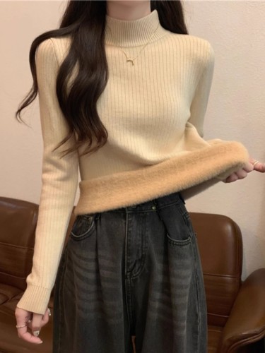 One Piece Wool Sweater for Women - Autumn/Winter 2024 New Half-Neck Long-Sleeve Base Knit Top with Thick Warm Inner Shirt