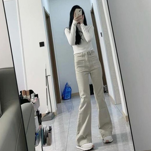 Hong Kong style retro slim fit slim-flared trousers for women, spring and autumn Korean style casual and versatile temperament, fashionable denim straight pants