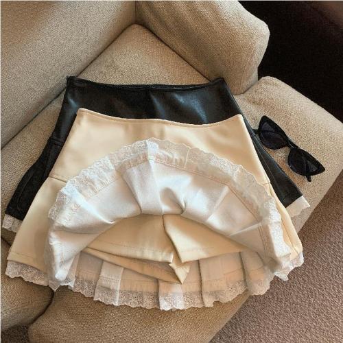 Actual shot of Autumn and Winter Replica Pu Lace Spliced ​​Skirt