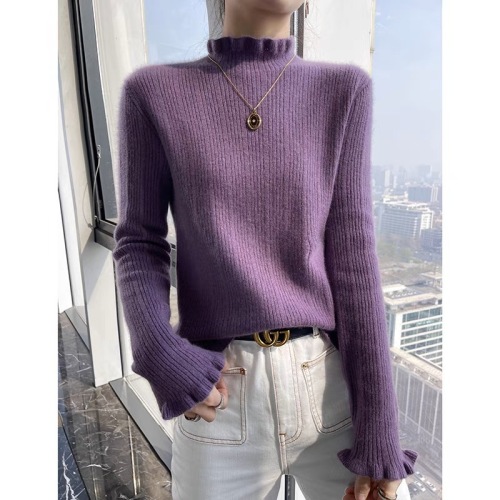 Fungus lace collar sweater new lace sleeve cashmere sweater women's slim fit and beautiful knitted bottoming sweater with solid color inside