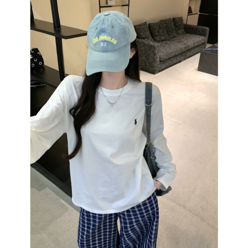 Real shot 210g pure cotton 100% cotton pony logo embroidered t-shirt bottoming shirt for women in autumn loose large size