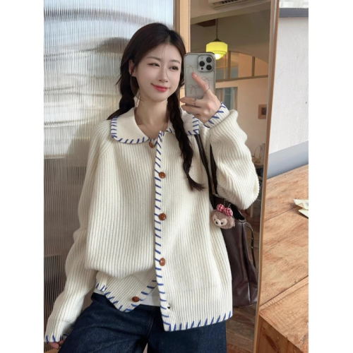 PPHOME Designers' Hand-dyed Embroidered Thread Knit Cardigan Sweater Autumn Korean Style Lazy Outerwear Loose Jacket
