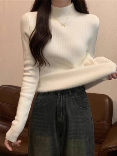 One Piece Wool Sweater for Women - Autumn/Winter 2024 New Half-Neck Long-Sleeve Base Knit Top with Thick Warm Inner Shirt