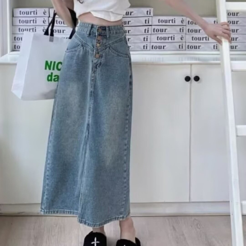 Autumn high-waisted loose slimming mid-length slit skirt with temperament and versatile retro denim skirt