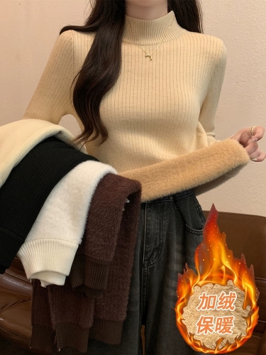 One Piece Wool Sweater for Women - Autumn/Winter 2024 New Half-Neck Long-Sleeve Base Knit Top with Thick Warm Inner Shirt