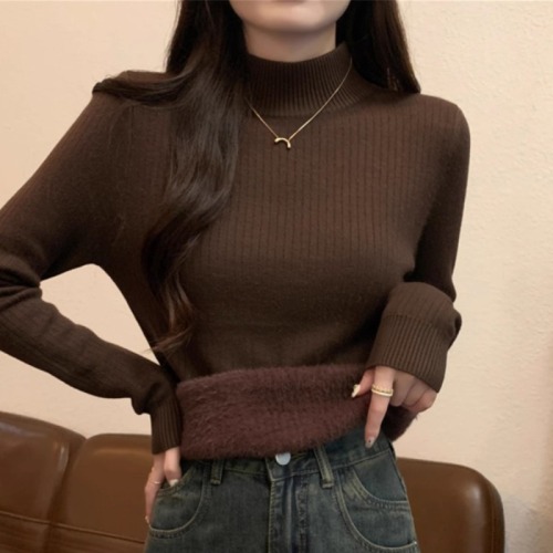 One Piece Wool Sweater for Women - Autumn/Winter 2024 New Half-Neck Long-Sleeve Base Knit Top with Thick Warm Inner Shirt