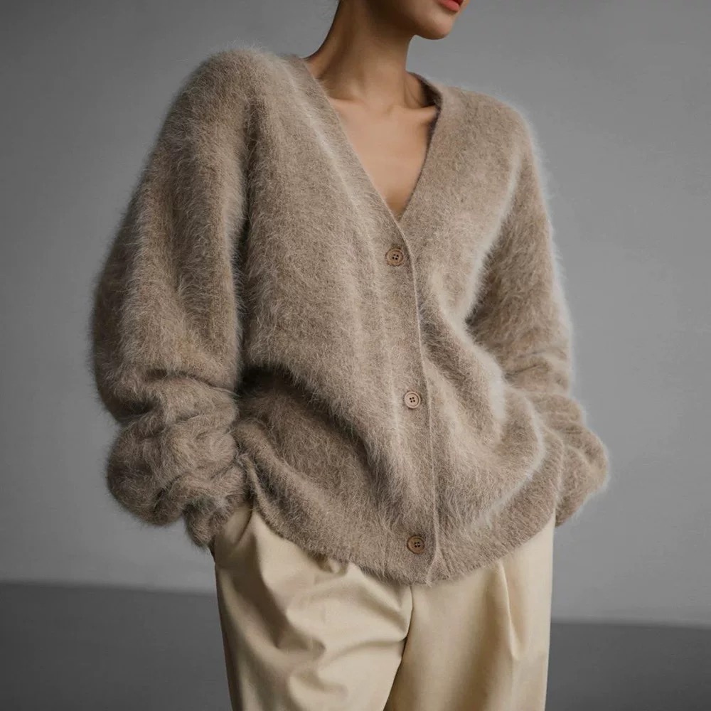Autumn and winter lazy loose long-sleeved V-neck imitation mink knitted cardigan sweater jacket for women