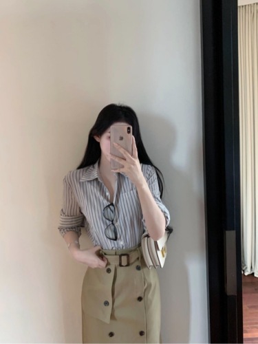 Real shot of temperament commuter striped slim shirt top for women with double-breasted buttons and versatile skirt