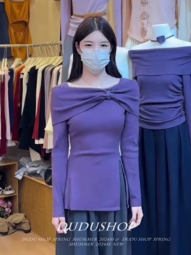 French Off-Shoulder Bow Irregular Split Long-Sleeved Knitwear Women's 2024 Autumn Slim Fit Hot Girl Top 