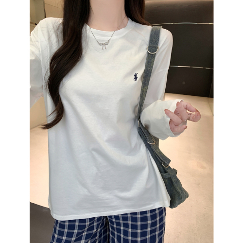 Real shot 210g pure cotton 100% cotton pony logo embroidered t-shirt bottoming shirt for women in autumn loose large size