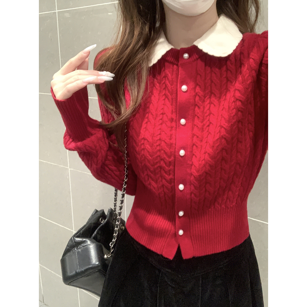 Real shot of autumn and winter Korean style contrasting color doll collar twist wool knitted cardigan long-sleeved jacket top for age reduction 6