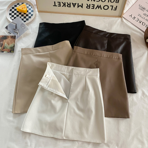 Real shot of leather skirt for women 2024 autumn anti-exposure pants skirt versatile skirt PU leather short skirt high waist a-line skirt