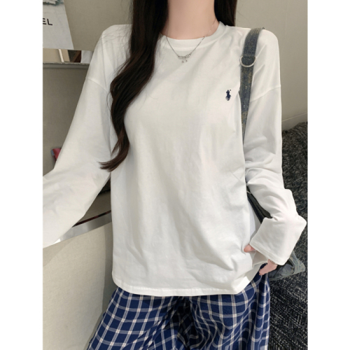 Real shot 210g pure cotton 100% cotton pony logo embroidered t-shirt bottoming shirt for women in autumn loose large size