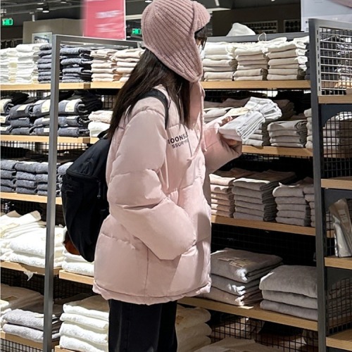 Real shot of college style pink letter printed stand-up collar cotton coat women's winter ins thickened warm cotton coat trendy