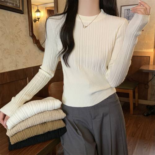 Autumn and winter Korean style slim round neck solid color unique design Andy velvet knitted bottoming sweater for women