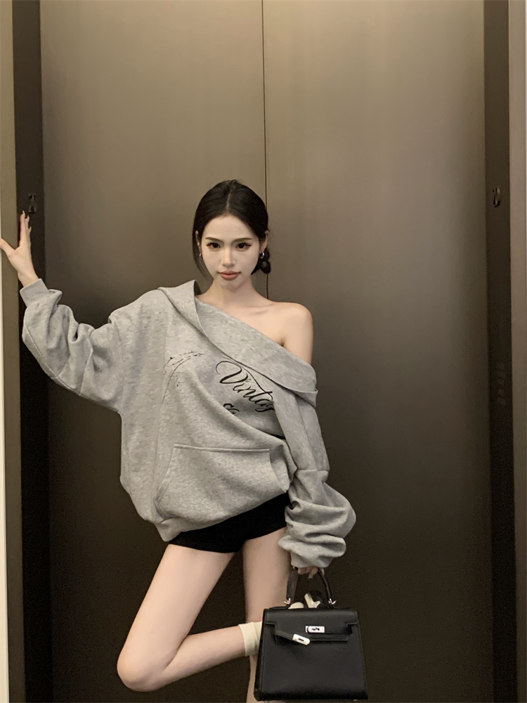 Photographed Print Hooded One-Shoulder Design Loose Casual Versatile Women's Sweatshirt