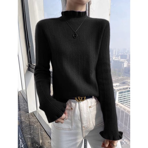 Fungus lace collar sweater new lace sleeve cashmere sweater women's slim fit and beautiful knitted bottoming sweater with solid color inside