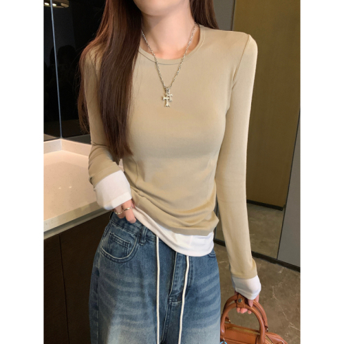 Actual shot of autumn and winter Korean style slim fit contrasting color round neck herringbone temperament slimming inner long-sleeved T-shirt top