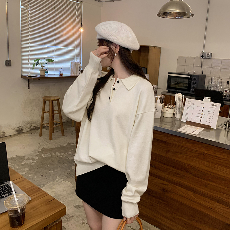 Actual pictures of loose, lazy and relaxed college style knitted sweaters for women in autumn and winter 2024 new POLO shirt tops