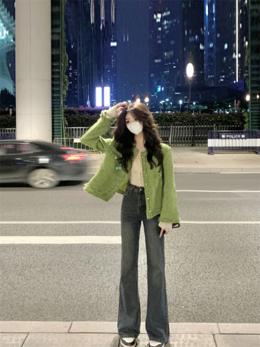 Actual shot #小香风 mustard green coat for women in autumn and winter French style high-end temperament tweed short top