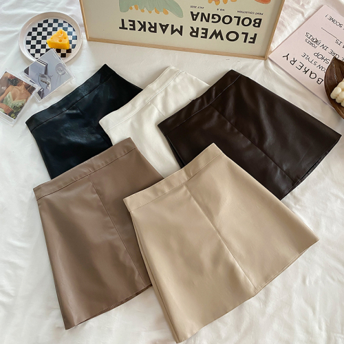 Real shot of leather skirt for women 2024 autumn anti-exposure pants skirt versatile skirt PU leather short skirt high waist a-line skirt