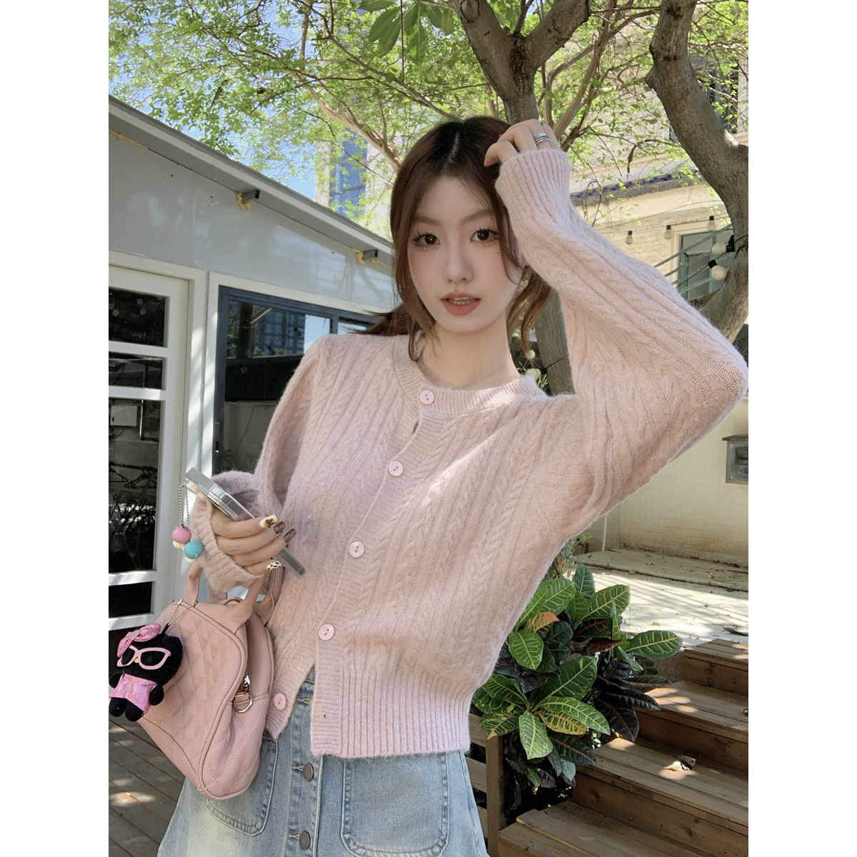 Real shot of autumn and winter Korean style loose twist candy color arctic velvet knitted long-sleeved cardigan jacket top