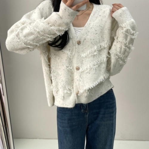 Real shot of thickened good quality V-neck tassel special wool yarn sweater cardigan jacket