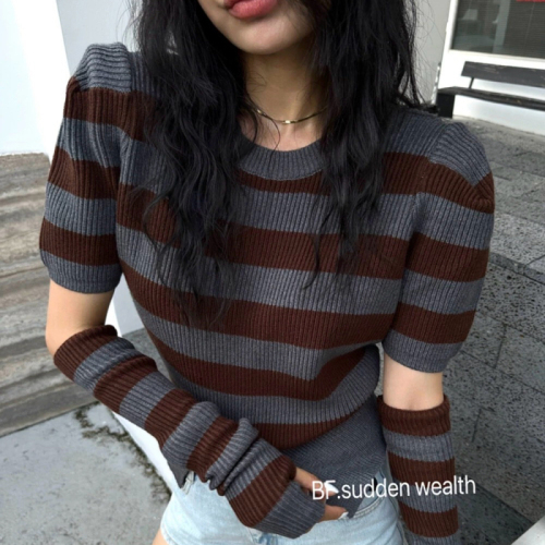 BF Korea Dongdaemun 2024 Autumn New Korean Style Western Fashion Versatile Striped Sweater with Sleeves